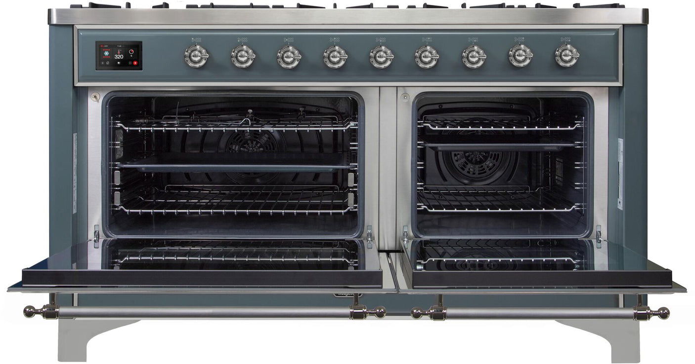 Majestic II 60 Inch Dual Fuel Natural Gas Freestanding Range in Blue Grey with Chrome Trim