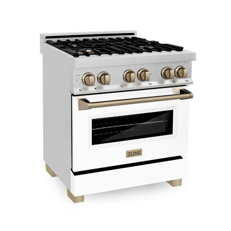 ZLINE Autograph Edition 30 in. 4.0 cu. ft. Dual Fuel Range with Gas Stove and Electric Oven in Stainless Steel with White Matte Door and Accents (RAZ-WM-30) [Color: Champagne Bronze]