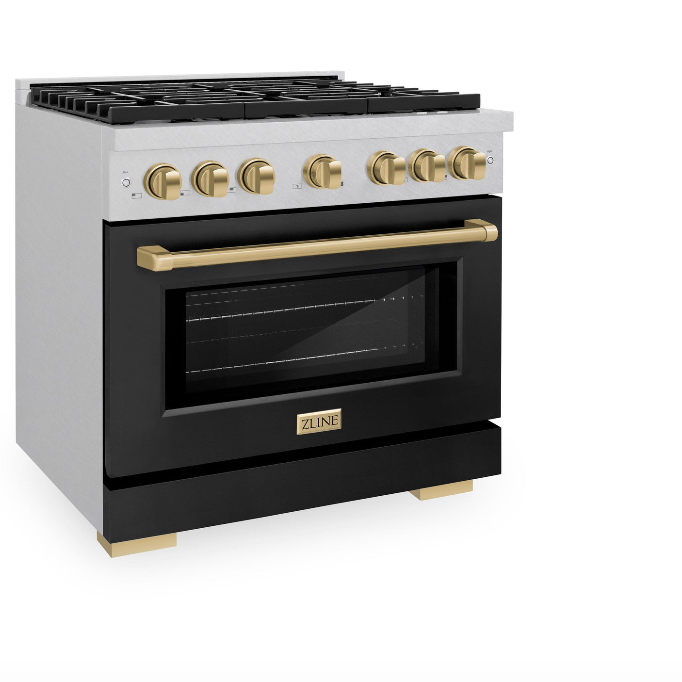 ZLINE Autograph Edition 36 in. 5.2 cu. ft. Paramount Gas Range with 6 Burner Cooktop and Convection Gas Oven in DuraSnow' Stainless Steel with Black Matte Door and Champagne Bronze Accents (SGRSZ-BLM-36-CB)