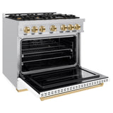 ZLINE Autograph Edition 36 in. 5.2 cu. ft. Classic Gas Range with 6 Burner Cooktop and Convection Gas Oven in Stainless Steel with White Matte Door and Polished Gold Accents (CGRZ-WM-36-G)