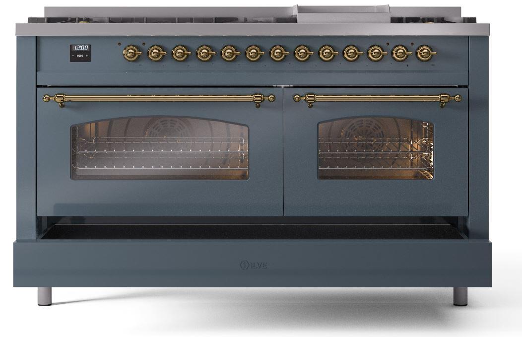 Nostalgie II 60 Inch Dual Fuel Natural Gas Freestanding Range in Blue Grey with Brass Trim