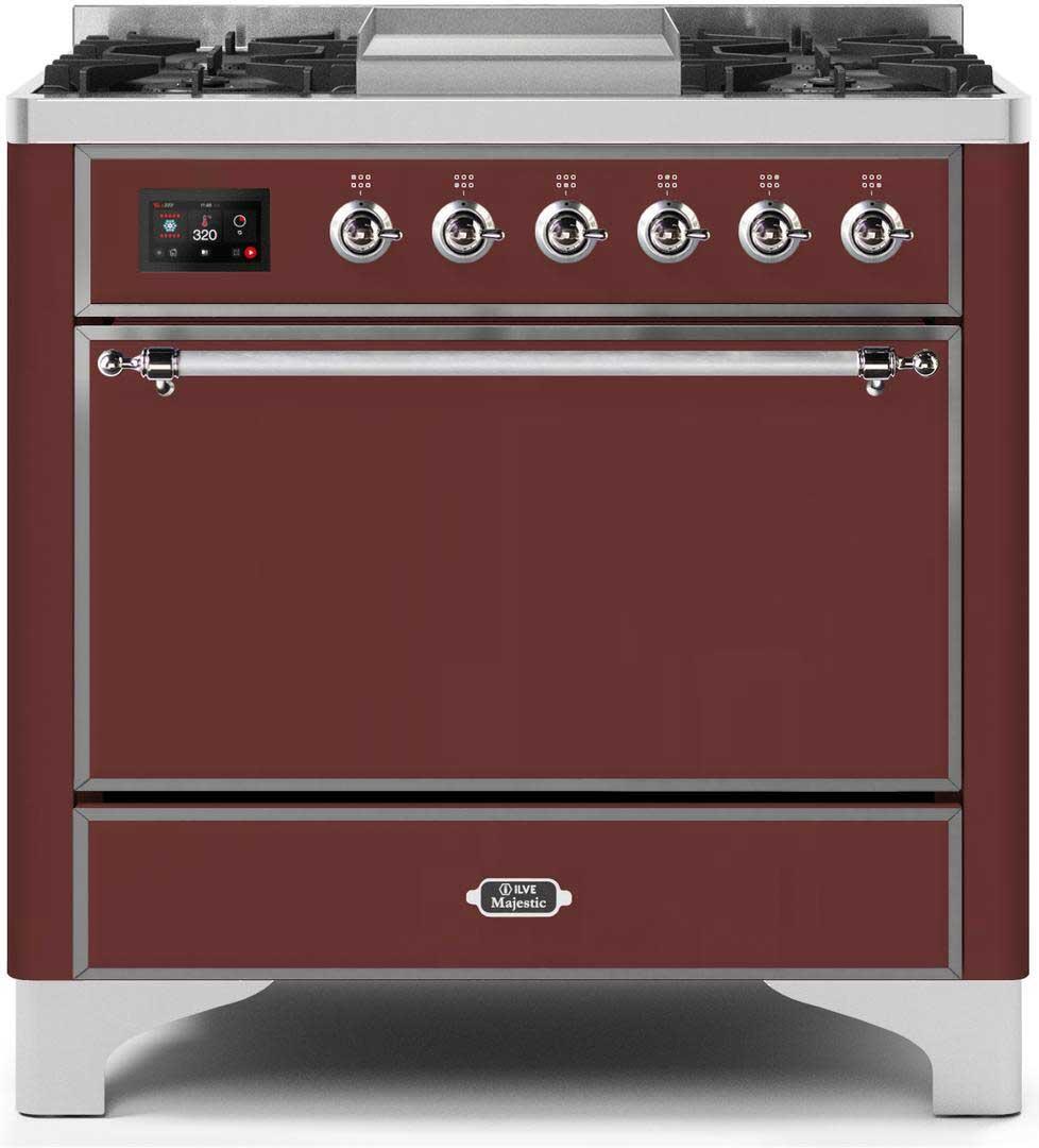 Majestic II 36 Inch Dual Fuel Liquid Propane Freestanding Range in Burgundy with Chrome Trim