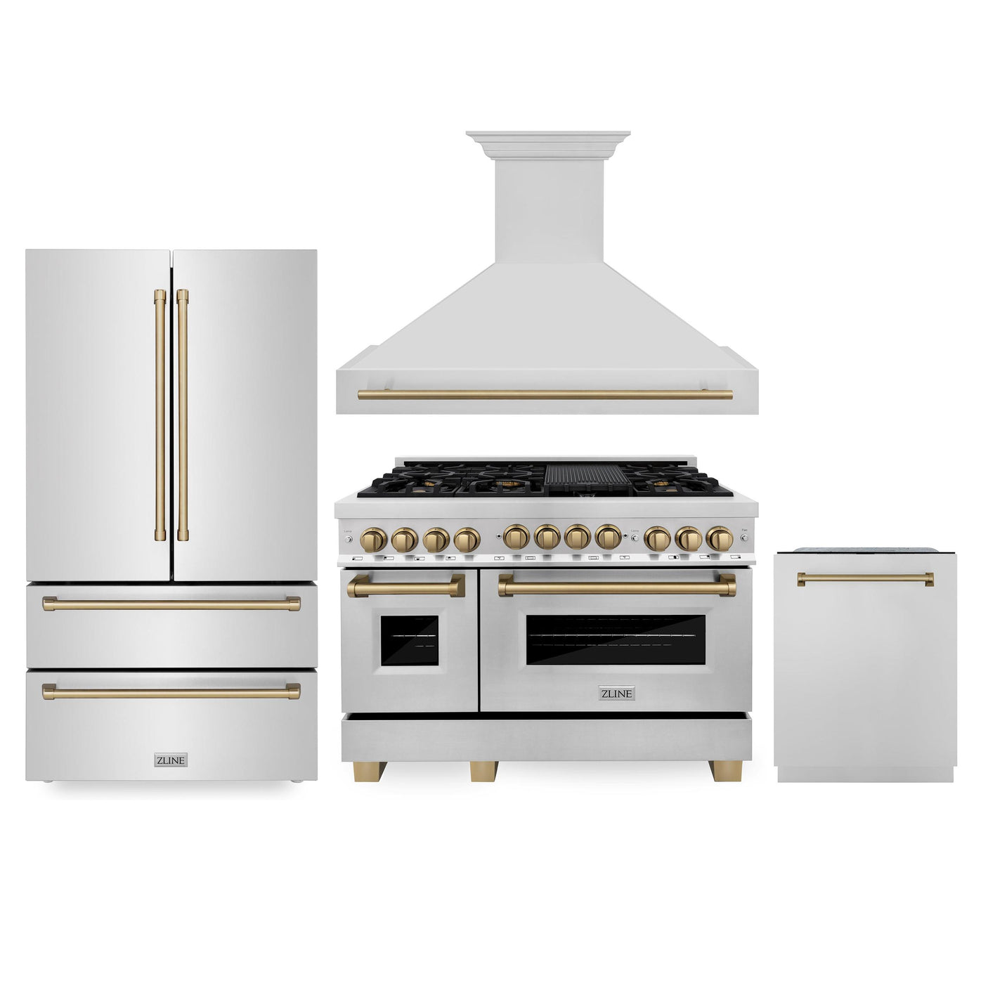 ZLINE 48" Autograph Edition Kitchen Package with Stainless Steel Gas Range, Range Hood, Dishwasher and Refrigeration with Champagne Bronze Accents (4AKPR-RGRHDWM48-CB)