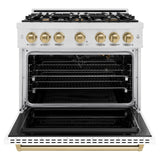 ZLINE Autograph Edition 36 in. 5.2 cu. ft. Classic Gas Range with 6 Burner Cooktop and Convection Gas Oven in DuraSnow' Stainless Steel with White Matte Door and Champagne Bronze Accents (CGRSZ-WM-36-CB)