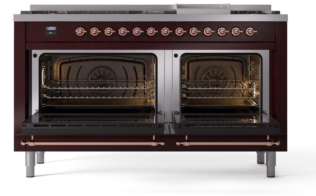 Nostalgie II 60 Inch Dual Fuel Natural Gas Freestanding Range in Burgundy with Copper Trim