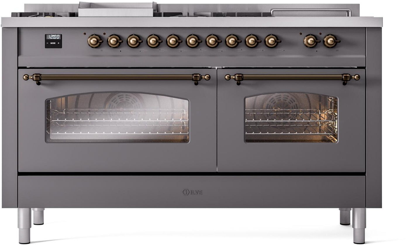 Nostalgie II 60 Inch Dual Fuel Natural Gas Freestanding Range in Matte Graphite with Bronze Trim