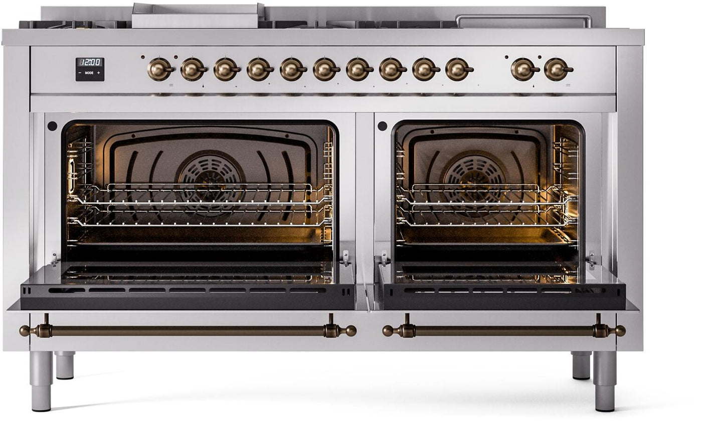 Nostalgie II 60 Inch Dual Fuel Natural Gas Freestanding Range in Stainless Steel with Bronze Trim