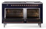 Nostalgie II 60 Inch Dual Fuel Natural Gas Freestanding Range in Blue with Copper Trim