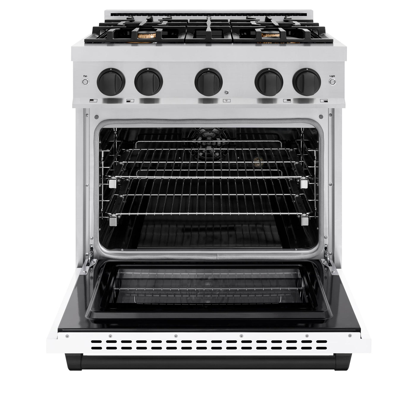 ZLINE Autograph Edition 30 in. 4.2 cu. ft. Select Dual Fuel Range with 4 Burner Gas Cooktop and Electric Convection Oven in Stainless Steel with White Matte Door and Matte Black Accents (HDRZ-WM-30-MB)