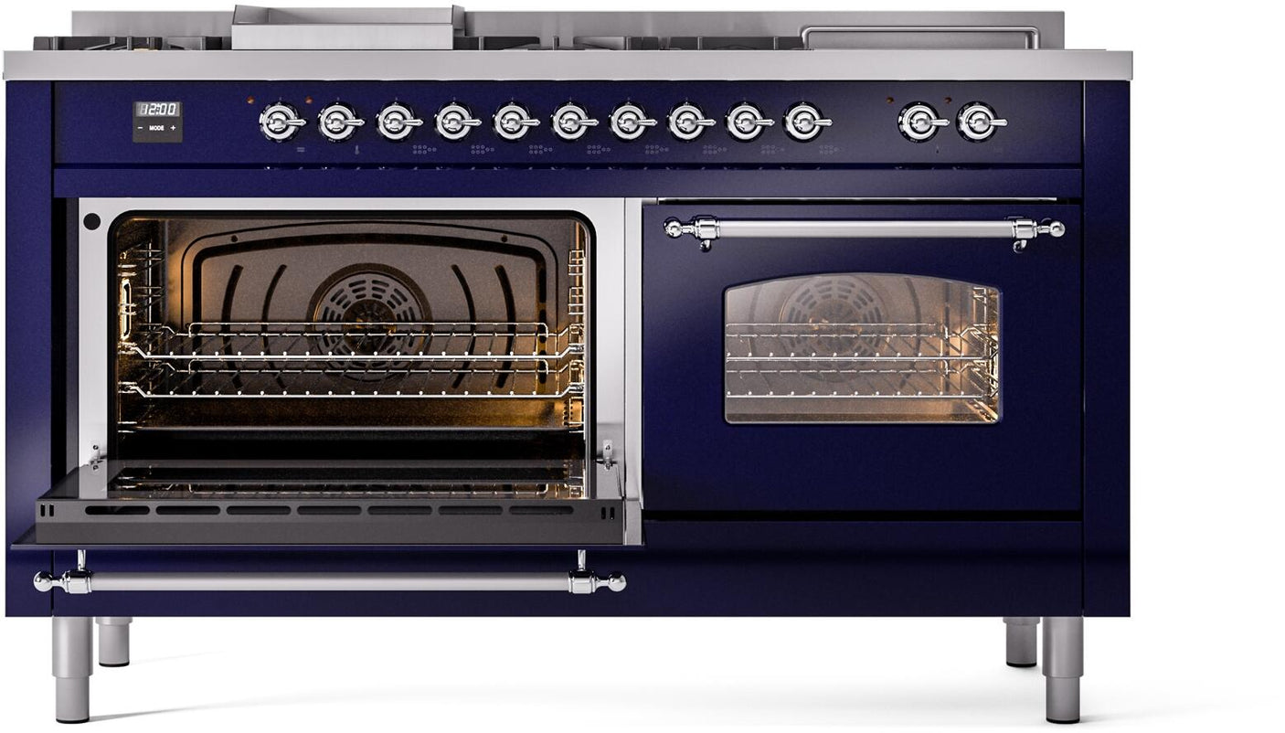 Nostalgie II 60 Inch Dual Fuel Liquid Propane Freestanding Range in Blue with Chrome Trim