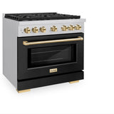 ZLINE Autograph Edition 36 in. 5.2 cu. ft. Paramount Dual Fuel Range with 6 Burner Gas Cooktop and Electric Convection Oven in Stainless Steel with Black Matte Door and Polished Gold Accents (SDRZ-BLM-36-G)