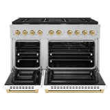 ZLINE Autograph Edition 48 in. 6.7 cu. ft. Paramount Double Oven Dual Fuel Range with 8 Burner Gas Cooktop in DuraSnow' Stainless Steel with White Matte Doors and Champagne Bronze Accents (SDRSZ-WM-48-CB)