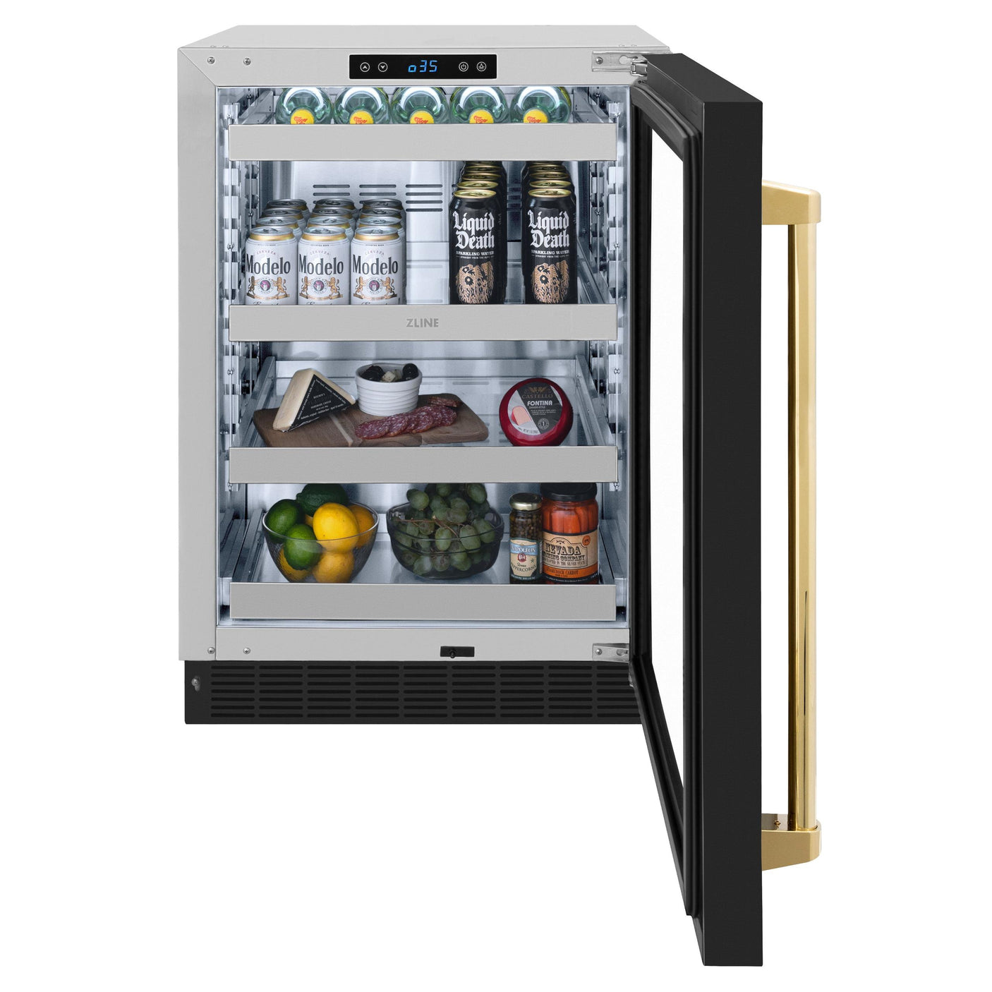 ZLINE Autograph Edition 24 in. Touchstone Dual Zone 44 Bottle Wine Cooler With Black Matte Glass Door And Polished Gold Handle (RWDOZ-BLM-24-G)