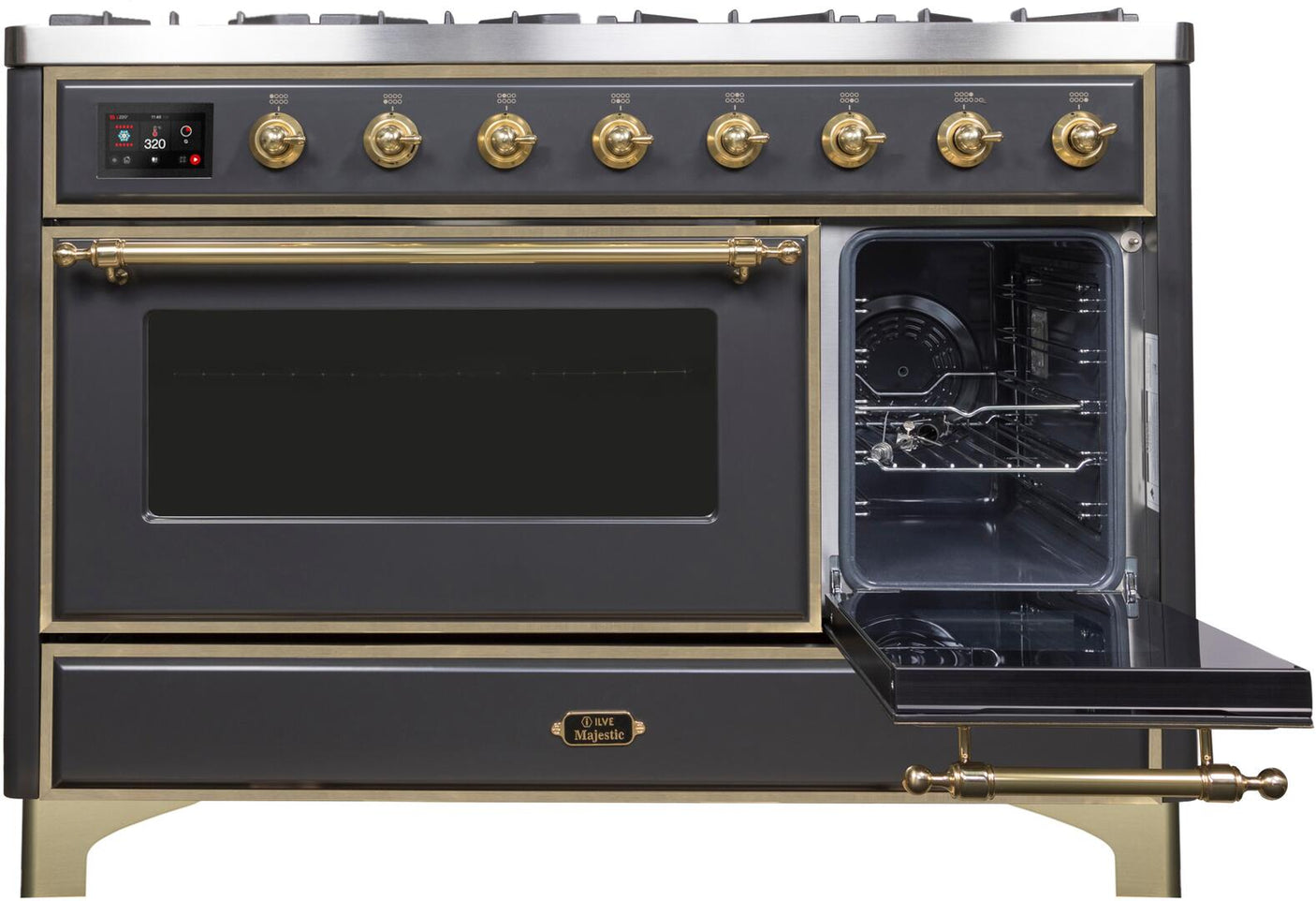 Majestic II 48 Inch Dual Fuel Natural Gas Freestanding Range in Matte Graphite with Brass Trim