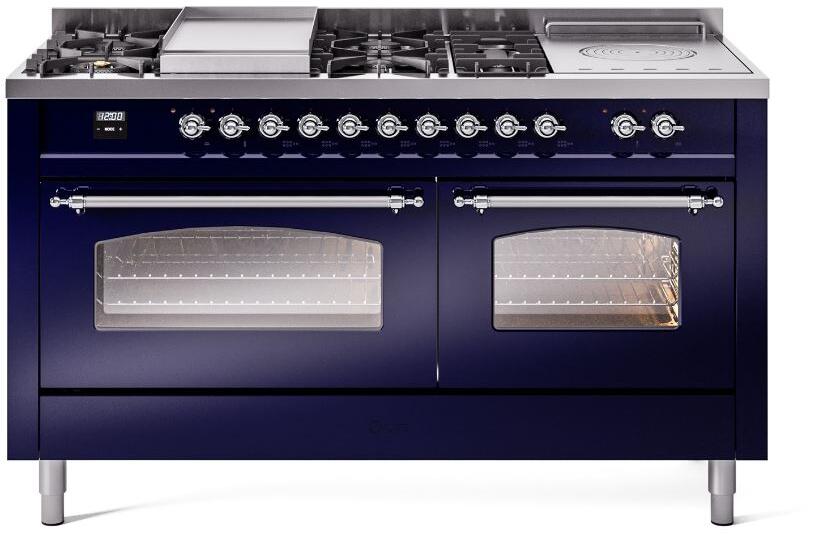 Nostalgie II 60 Inch Dual Fuel Liquid Propane Freestanding Range in Blue with Chrome Trim