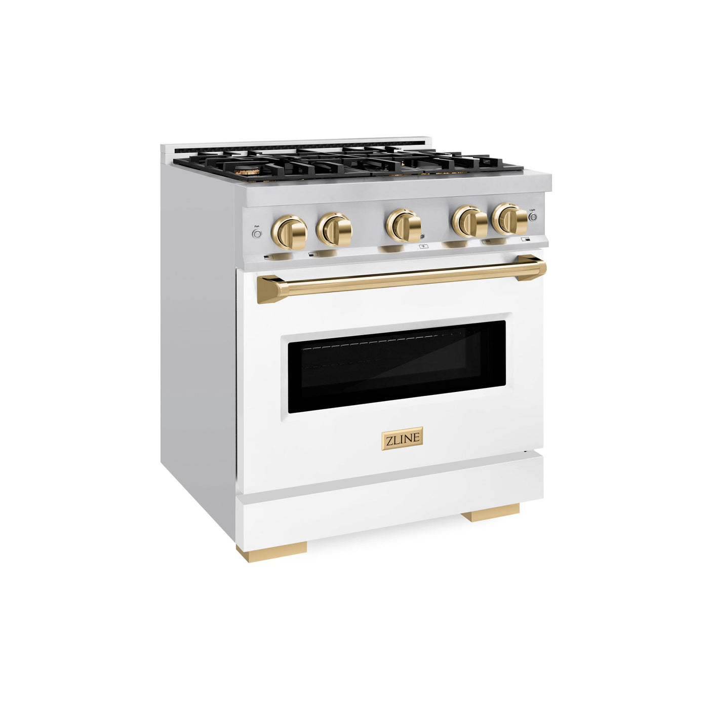 ZLINE Autograph Edition 30 in. 4.2 cu. ft. Classic Gas Range with 4 Burner Cooktop and Convection Gas Oven in Stainless Steel with White Matte Door and Polished Gold Accents (CGRZ-WM-30-G)