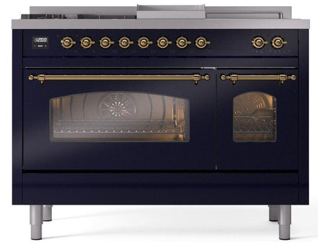 Nostalgie II 48 Inch Dual Fuel Liquid Propane Freestanding Range in Blue with Brass Trim