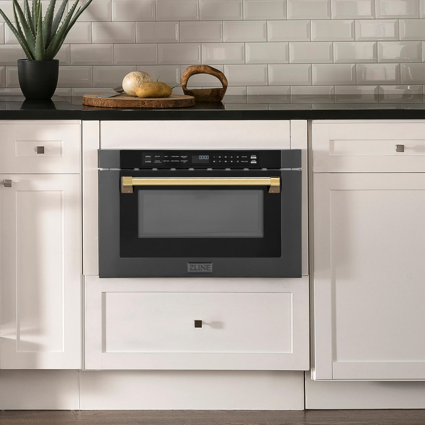 ZLINE Autograph Edition 24" 1.2 cu. ft. Built-in Microwave Drawer in Black Stainless Steel and Polished Gold Accents (MWDZ-1-BS-H-G)