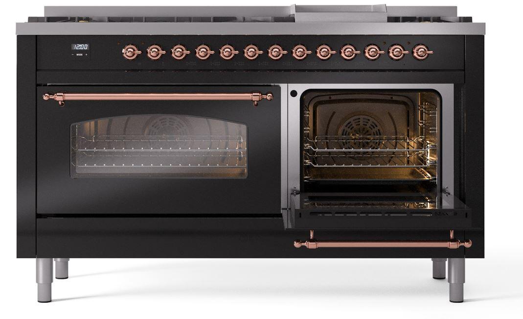 Nostalgie II 60 Inch Dual Fuel Natural Gas Freestanding Range in Glossy Black with Copper Trim