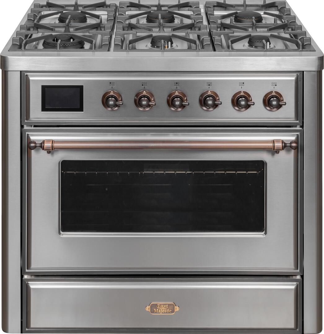 Majestic II 36 Inch Dual Fuel Natural Gas Freestanding Range in Stainless Steel with Bronze Trim