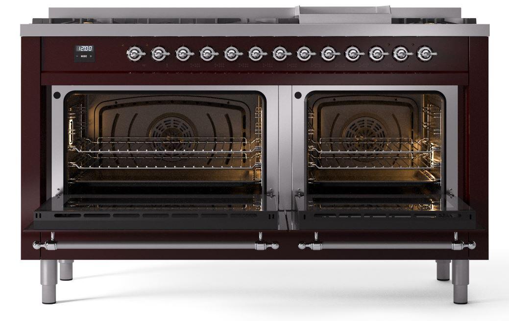 Nostalgie II 60 Inch Dual Fuel Liquid Propane Freestanding Range in Burgundy with Chrome Trim