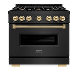 ZLINE Autograph Edition 36 in. 5.2 cu. ft. Classic Dual Fuel Range with 6 Burner Gas Cooktop and Electric Convection Oven in Black Stainless Steel with Polished Gold Accents (CDRBZ-36-G)