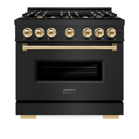 ZLINE Autograph Edition 36 in. 5.2 cu. ft. Classic Dual Fuel Range with 6 Burner Gas Cooktop and Electric Convection Oven in Black Stainless Steel with Polished Gold Accents (CDRBZ-36-G)