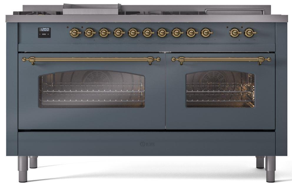 Nostalgie II 60 Inch Dual Fuel Liquid Propane Freestanding Range in Blue Grey with Brass Trim