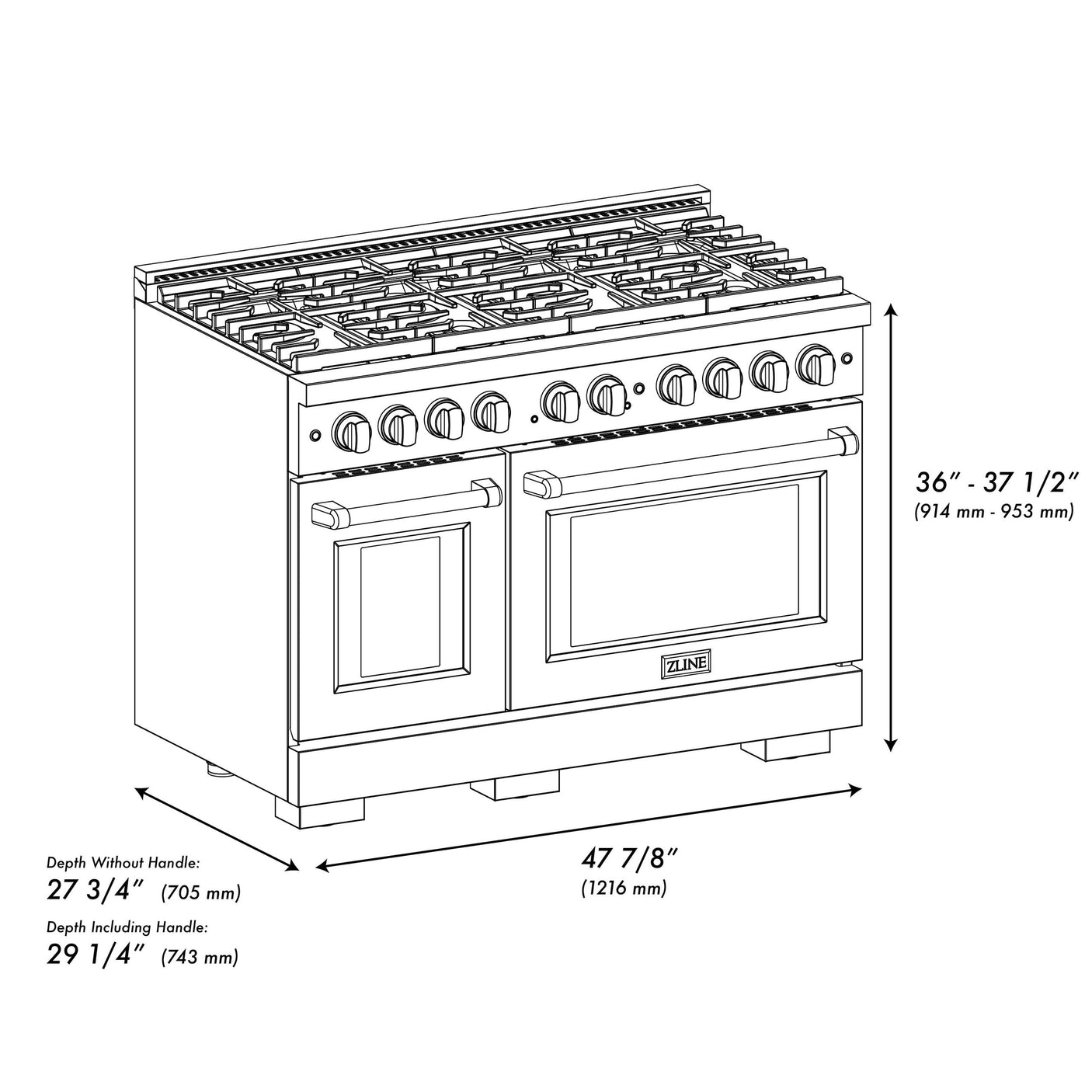 ZLINE 48 in. 6.7 cu. ft. 8 Burner Double Oven Gas Range in Black Stainless Steel (SGRB-48)