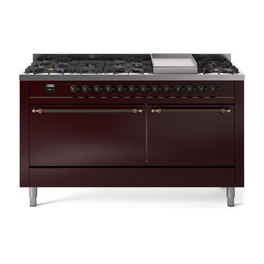 ILVE Nostalgie II 60 UP60FQNMPBUB Freestanding Dual Fuel Range with 9 Sealed Burners Yes Double Oven with Solid Door in Burgundy with Bronze knobs