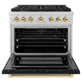 ZLINE Autograph Edition 36 in. 5.2 cu. ft. Paramount Dual Fuel Range with 6 Burner Gas Cooktop and Electric Convection Oven in Stainless Steel with Black Matte Door and Polished Gold Accents (SDRZ-BLM-36-G)