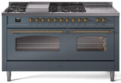 Nostalgie II 60 Inch Dual Fuel Natural Gas Freestanding Range in Blue Grey with Brass Trim