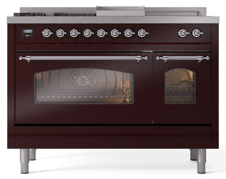 Nostalgie II 48 Inch Dual Fuel Natural Gas Freestanding Range in Burgundy with Chrome Trim