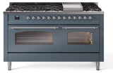 Nostalgie II 60 Inch Dual Fuel Natural Gas Freestanding Range in Blue Grey with Chrome Trim