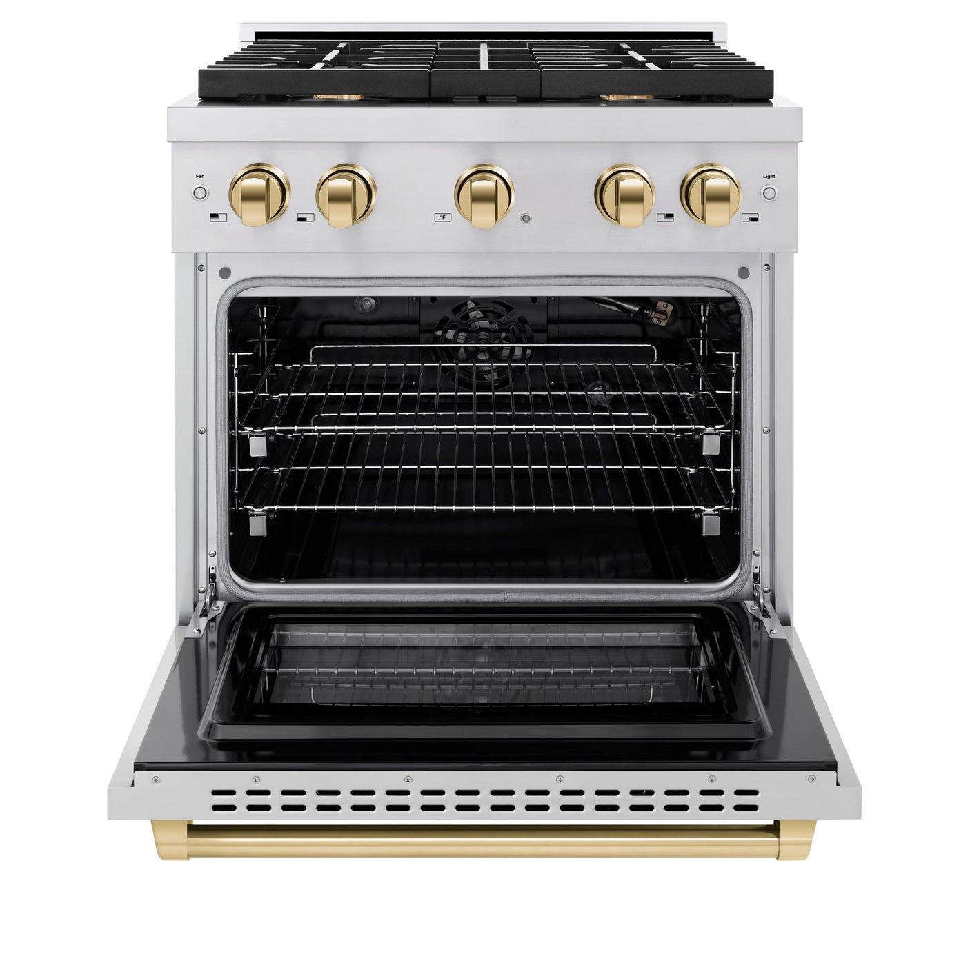 ZLINE Autograph Edition 30 in. 4.2 cu. ft. 4 Burner Gas Range with Convection Gas Oven in Stainless Steel and Polished Gold Accents (SGRZ-30-G)