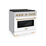 ZLINE Autograph Edition 36 in. 5.2 cu. ft. Paramount Dual Fuel Range with 6 Burner Gas Cooktop and Electric Convection Oven in Stainless Steel with White Matte Door and Polished Gold Accents (SDRZ-WM-36-G)