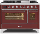 Majestic II 48 Inch Dual Fuel Liquid Propane Freestanding Range in Burgundy with Chrome Trim