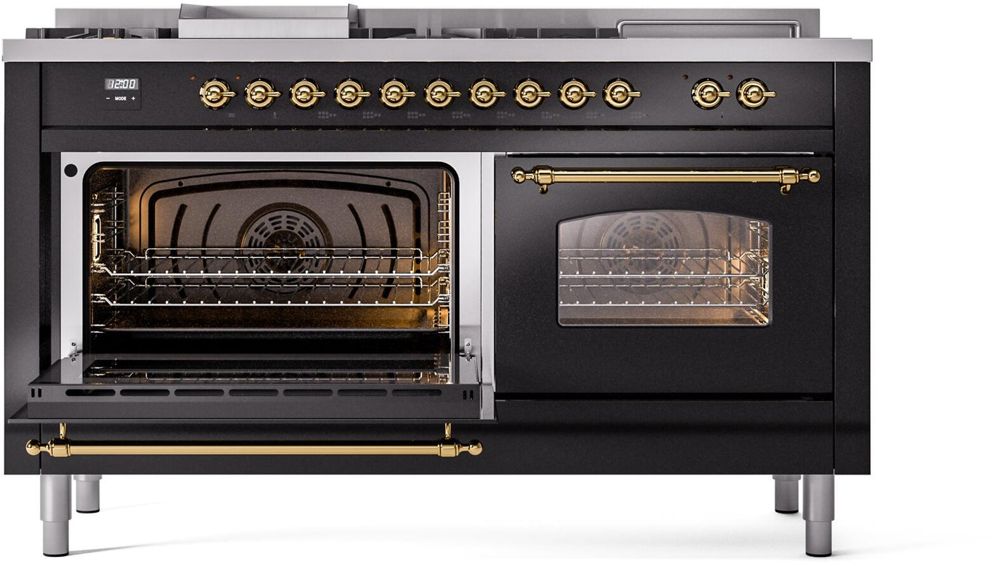 Nostalgie II 60 Inch Dual Fuel Natural Gas Freestanding Range in Glossy Black with Brass Trim