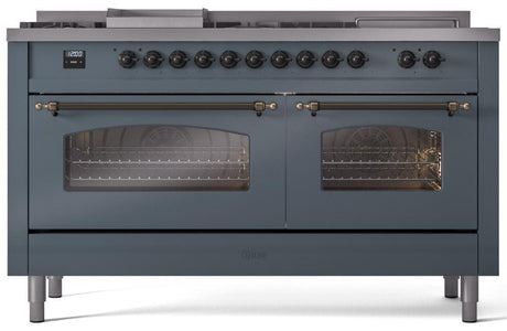 Nostalgie II 60 Inch Dual Fuel Natural Gas Freestanding Range in Blue Grey with Bronze Trim