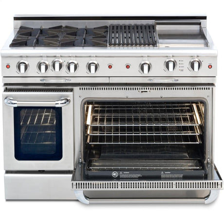 48" Gas Self Clean,Rotisserie,4 Open Burners,12" Broil Burner & Griddle