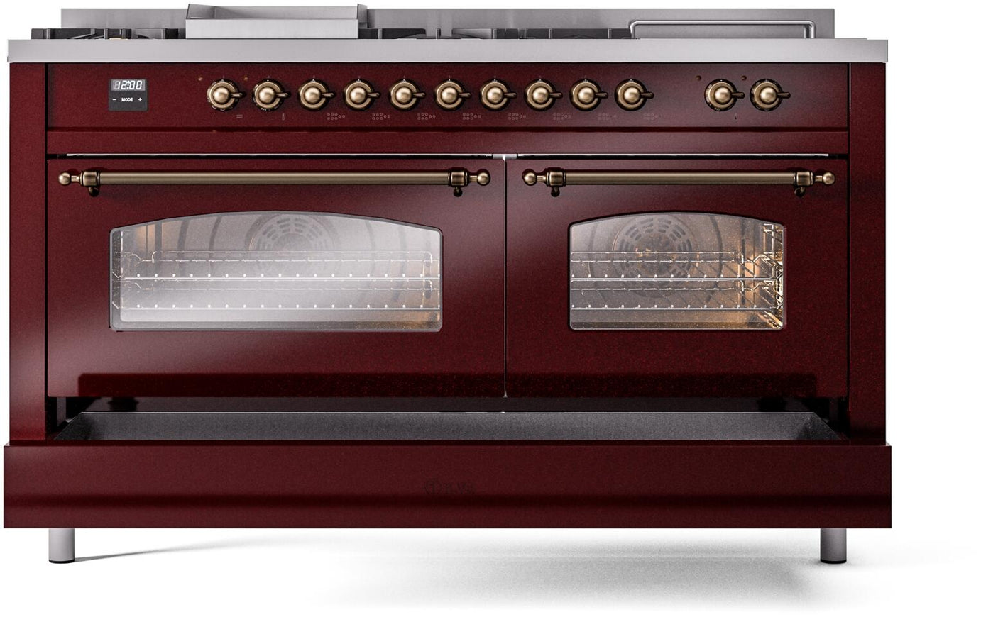 Nostalgie II 60 Inch Dual Fuel Natural Gas Freestanding Range in Burgundy with Bronze Trim