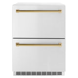 ZLINE Autograph Edition 24 in. Touchstone 168 Can Outdoor-Rated Dual Refrigerator Drawer with Stainless Steel Doors and Polished Gold Handles (RDSOZ-ST-24-G)