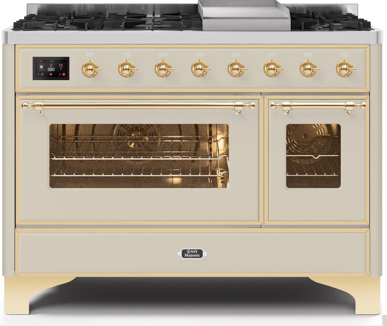 Majestic II 48 Inch Dual Fuel Natural Gas Freestanding Range in Antique White with Brass Trim