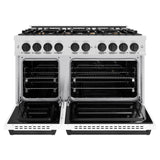 ZLINE Autograph Edition 48 in. 6.7 cu. ft. Classic Double Oven Gas Range with 8 Burner Cooktop in DuraSnow' Stainless Steel with White Matte Doors and Matte Black Accents (CGRSZ-WM-48-MB)