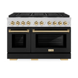 ZLINE Autograph Edition 48 in. 6.7 cu. ft. Paramount Double Oven Gas Range with 8 Burner Cooktop in Stainless Steel with Black Matte Doors and Polished Gold Accents (SGRZ-BLM-48-G)