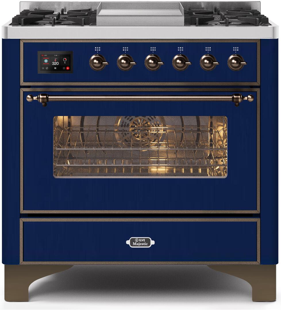 Majestic II 36 Inch Dual Fuel Natural Gas Freestanding Range in Blue with Bronze Trim