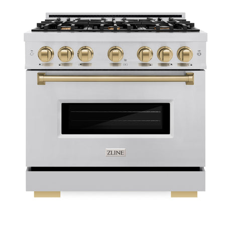 ZLINE Autograph Edition 36 in. 5.2 cu. ft. Classic Dual Fuel Range with 6 Burner Gas Cooktop and Electric Convection Oven in Stainless Steel with Champagne Bronze Accents (CDRZ-36-CB)