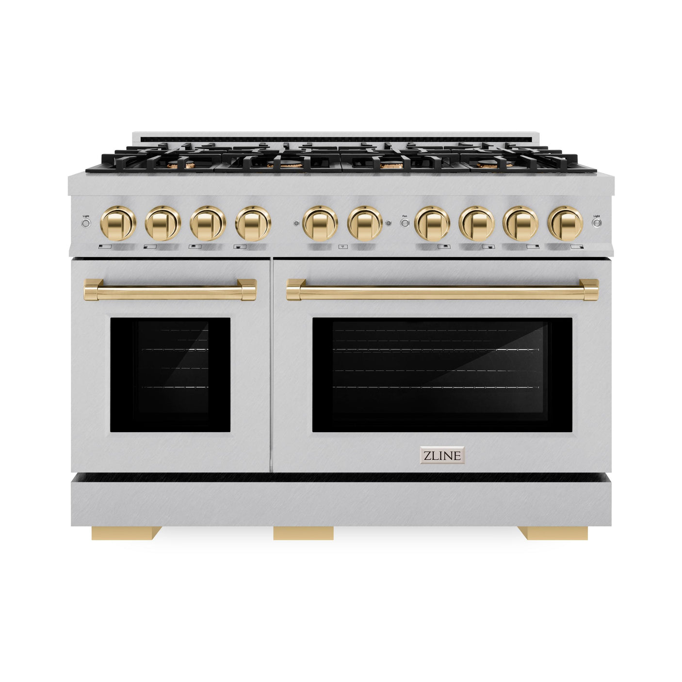 ZLINE Autograph Edition 48 in. 6.7 cu. ft. Select Double Oven Dual Fuel Range with 8 Burner Gas Cooktop in DuraSnow' Stainless Steel and Polished Gold Accents (HDRSZ-48-G)