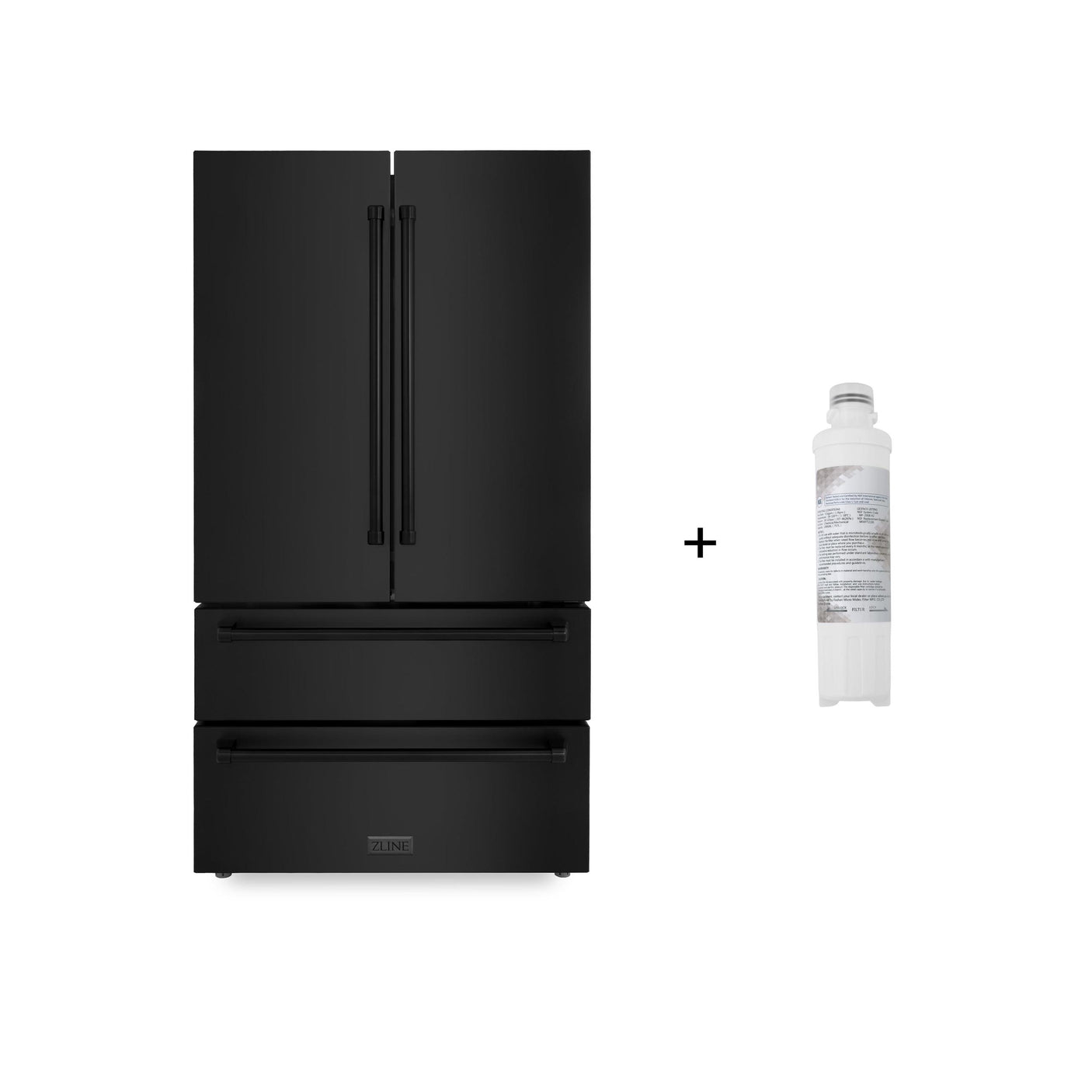 ZLINE 36" 21.6 cu. ft. 4-Door French Door Refrigerator with Water and Ice Dispenser and Water Filter in Fingerprint Resistant Black Stainless Steel (RFM-W-WF-36-BS)