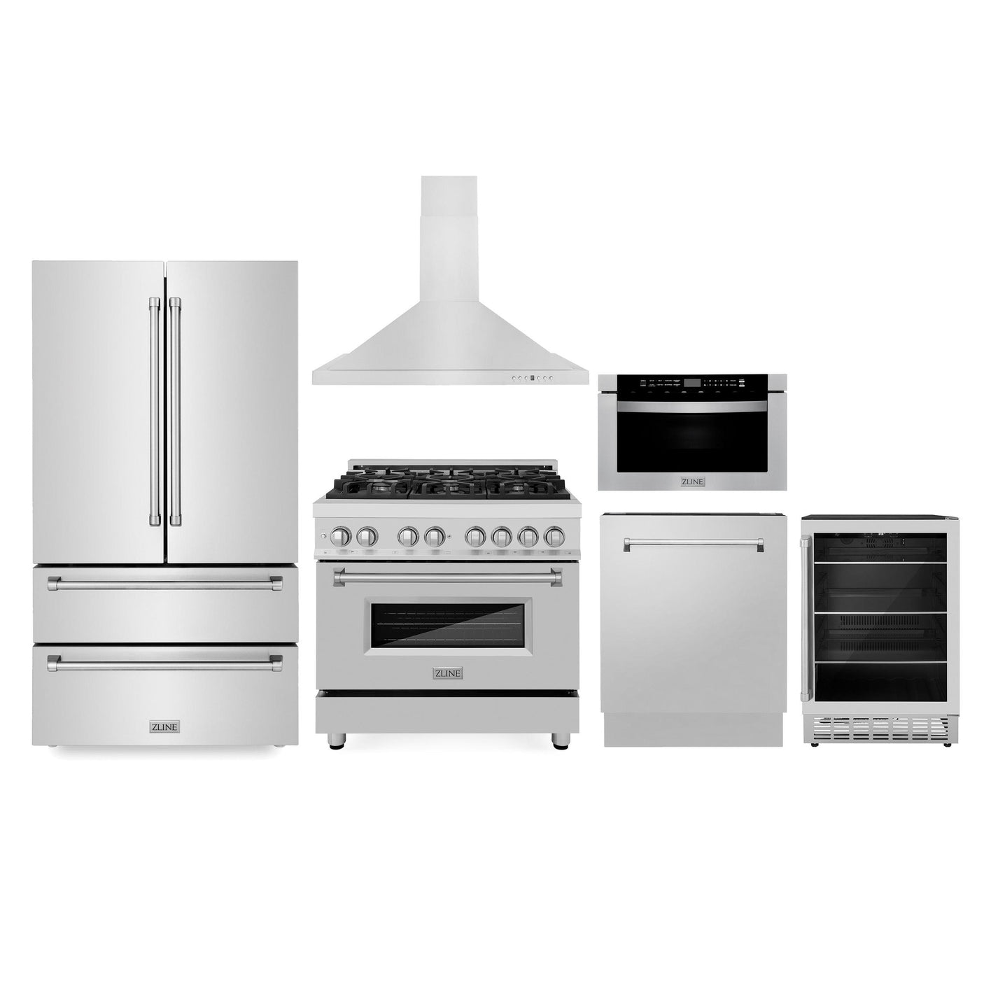 ZLINE Kitchen Package with Refrigeration, 36" Stainless Steel Dual Fuel Range, 36" Range Hood, Microwave Drawer, 24" Tall Tub Dishwasher and Beverage Fridge (6KPR-RARH36-MWDWV-RBV)